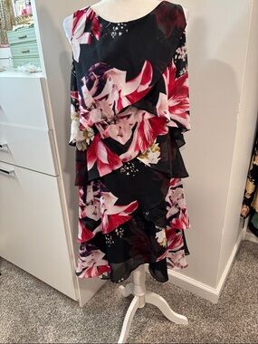 Sleeveless Black Floral Midi Dress with Layered Ruffles - Pink & White Floral